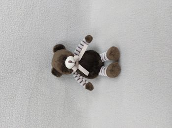 Petite peluche doudou ours RODA marron rayures gris chiné nœud beige 18 cm TBE