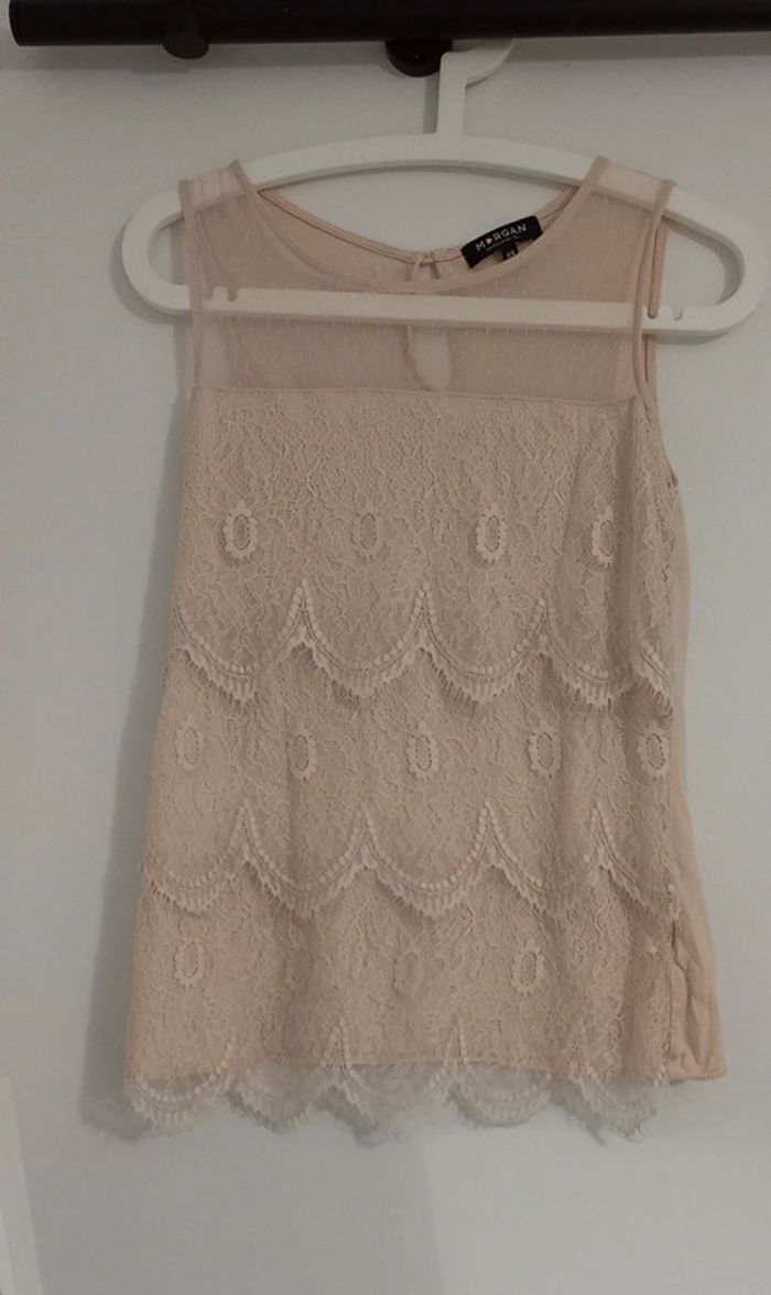 Top en dentelle beige rose poudrée - photo numéro 2