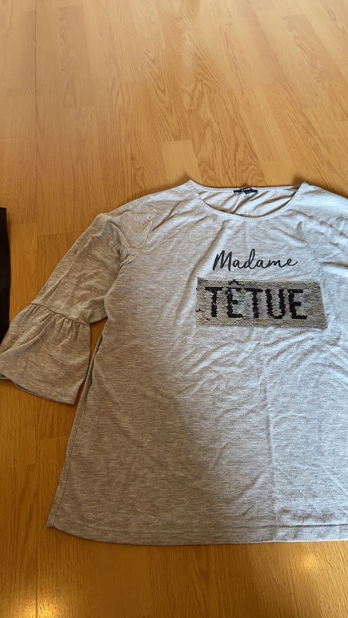 Teeshirt manches 3/4 taille xl gris kiabi tetue - photo numéro 2
