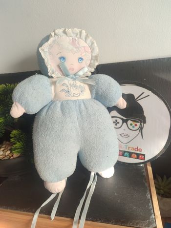 Ancien doudou poupée chiffon tissu bleu blanc mundia chat éponge Noeud Peluche