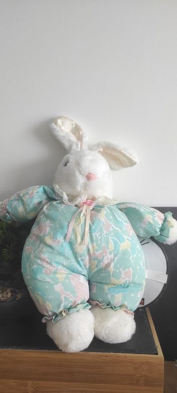 peluche ancien vintage lapin blanc vert jaune rose fleur noeud dentelle top company srl