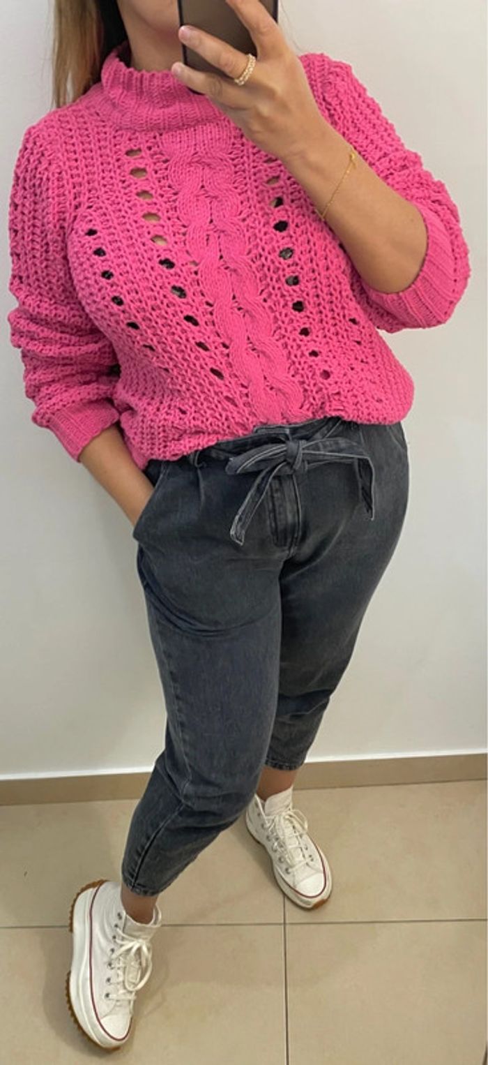 Superbe Pull Ample Rose Maille Chenille Ajourée Taille S Et Plus - photo numéro 3