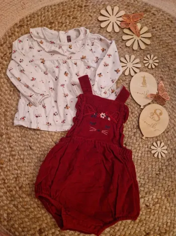 Ensemble blouse et barboteuse rouge en velours sergent major bébé fille 18 mois