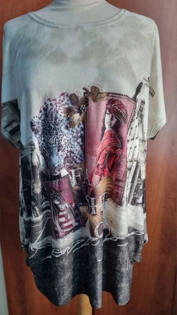T-shirt effet vieilli avec léopard,femme et strass taille 54-56