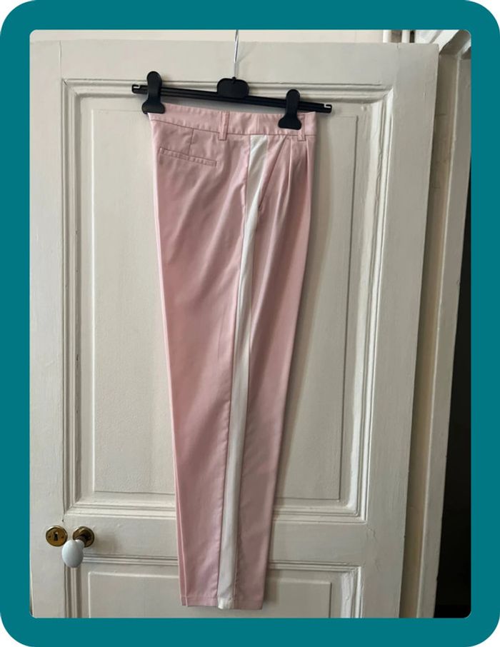 Pantalon carotte laine fine rose à bandes blanches taille 36 - Pablo