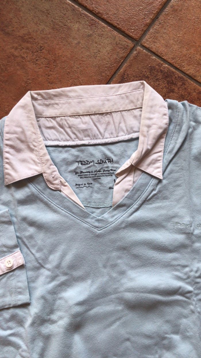 Teddy Smith t shirt col chemise bleu très clair - photo numéro 2