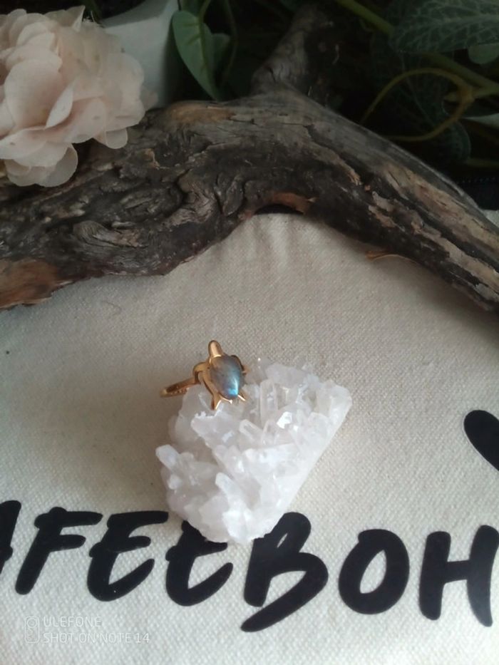 Bague tortue acier et pierre naturelle de labradorite