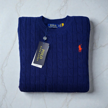 Pull Ralph Lauren Bleu Taille S col rond torsadé logo brodé rouge