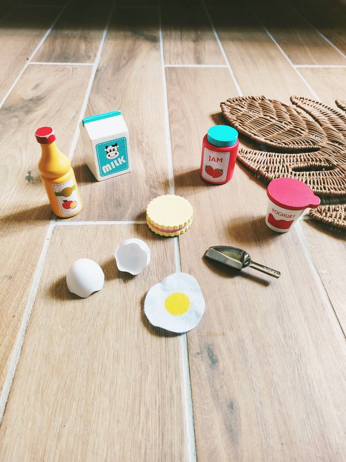 🍓Dinette lot divers aliments confiture, jus de fruits en bois plastique et feutrine