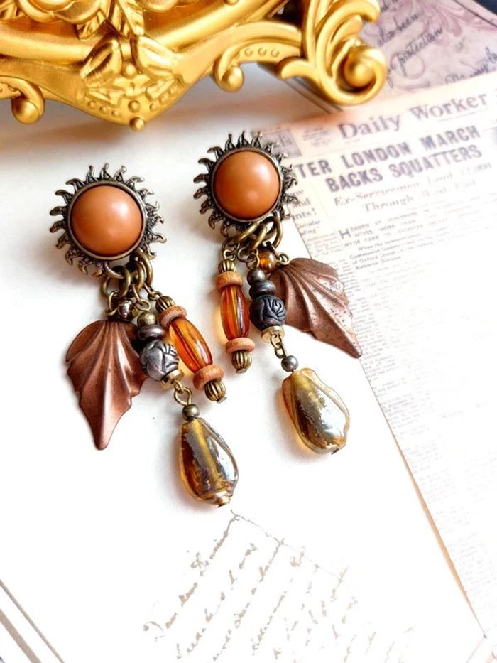Magnifique paire de boucles d'oreilles pendantes style vintage bohème ethnique - photo numéro 2