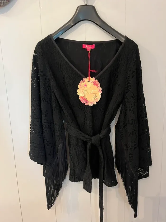 Haut dentelle noire à franges bohème chic XS/S/M – neuf avec étiquette - photo numéro 3