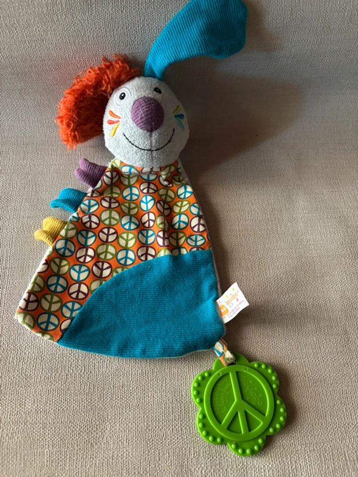Doudou plat lapin jef orange gris bleu multicolore Ebulobo