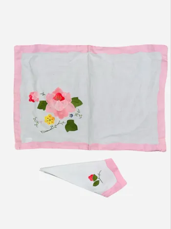 Set de table + serviette assortie – Rose vintage motif fleur brodé Neuf
