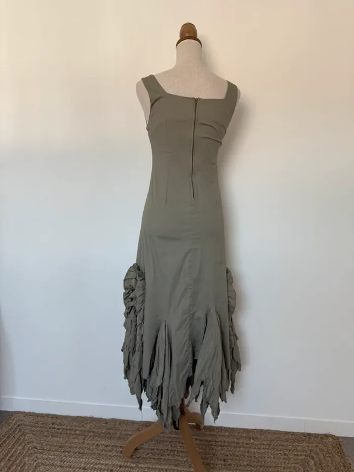 Robe longue kaki femme bretelles été volant L33 coton zip midi woman donna mujer S M - photo numéro 3