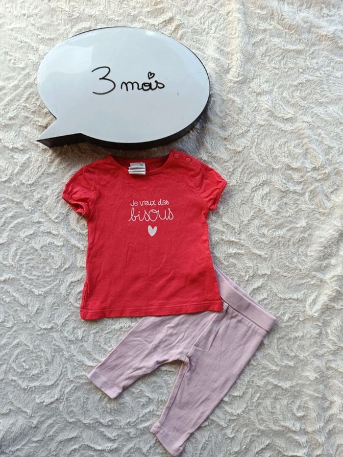 Ensemble (tee shirt manches courtes+sarouel legging) Fille 3 mois Je veux des bisous cœur