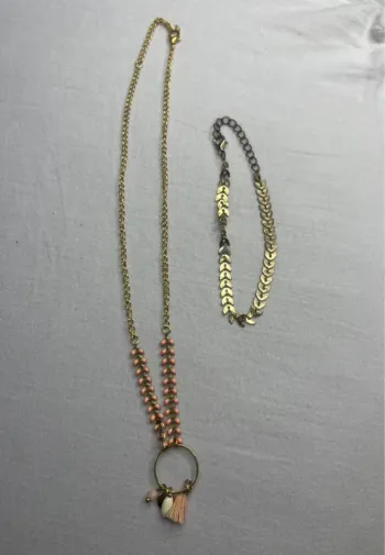 🔹 Lot Collier long boho + Bracelet doré feuilles 🔹