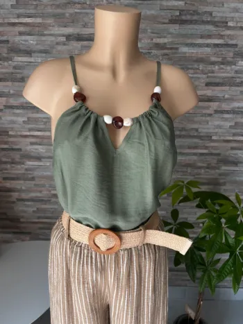 T-shirt débardeur kaki avec perles