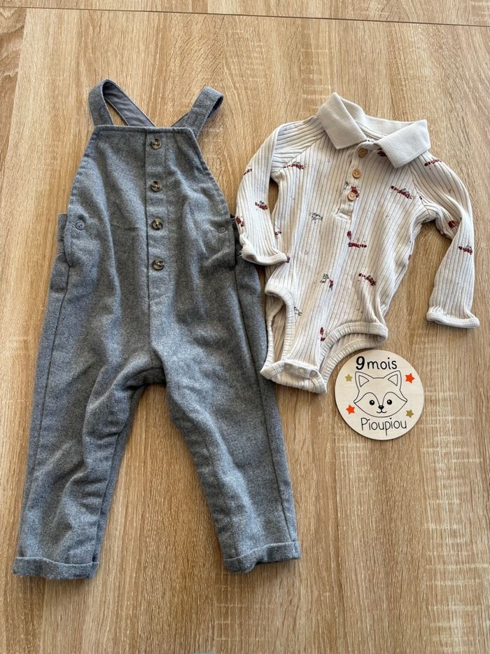 Ensemble salopette grise + body beige 9 mois Kiabi Très bon état