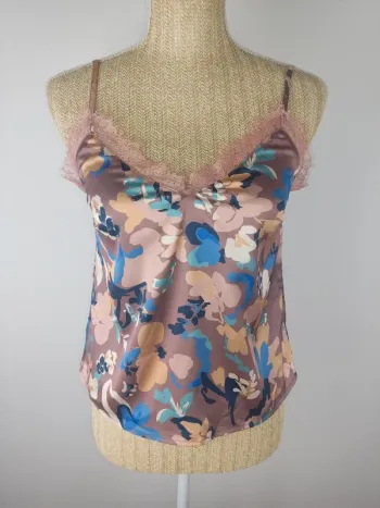Caraco débardeur à bretelles dentelle motif fleuri taupe bleu beige taille XS Molly Bracken