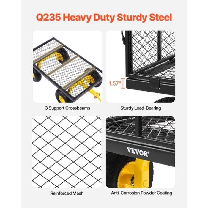 VEVOR Chariot de Jardin Transport, Charge 408,23 kg, Chariot Utilitaire Robuste Tractable Extérieur en Métal avec Pneus 254 mm, Côtés Amovibles en Maille Réglables, Poignée Rotative 180°, Jaune Noir - photo numéro 7