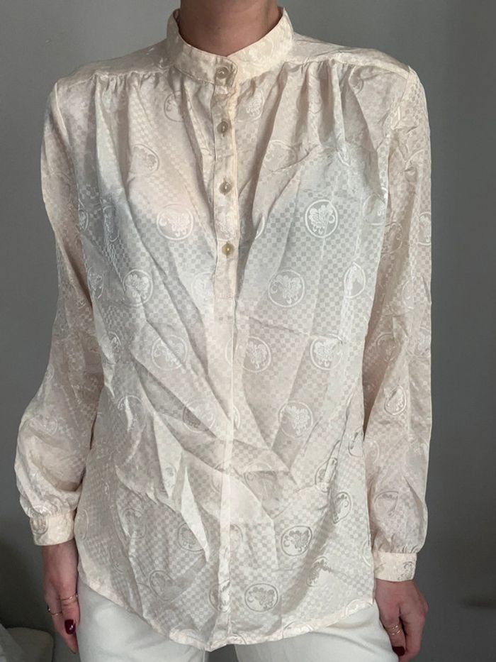 Blouse vintage et oversize crème / beige avec imprimé texturé effet satin - photo numéro 6