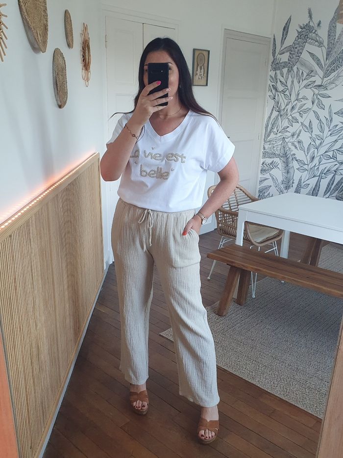 T-shirt La vie est belle blanc/beige Taille unique - photo numéro 2