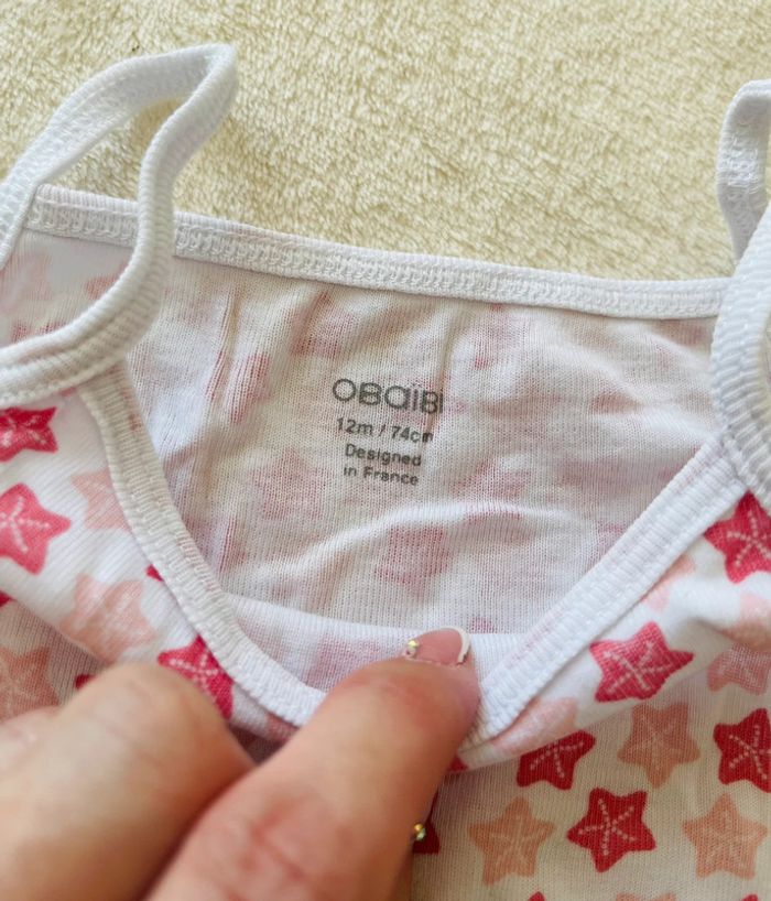 Body / Bodie débardeur rose et blanc motif étoile de mer Obaibi 12 mois 74cm - photo numéro 3