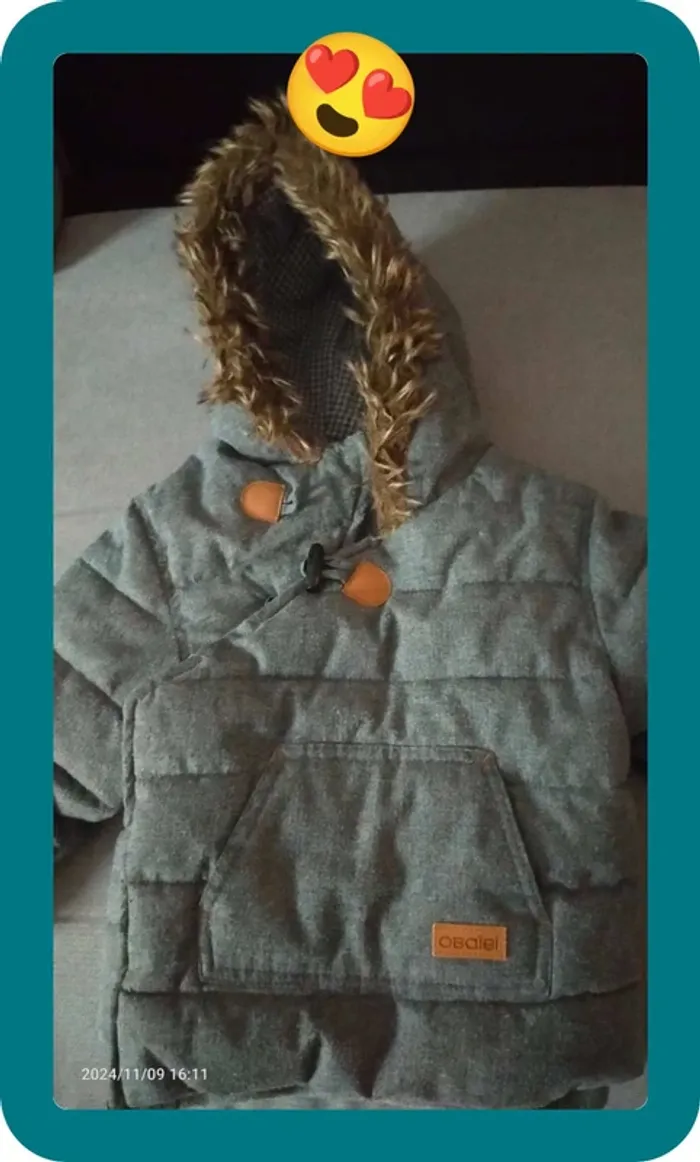 Manteau gris garçon 23 mois, Okaidi, avec capuche, très bon état - photo numéro 2