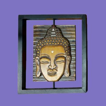 Cadre Mural Tête de Bouddha Sculptée Décoration Zen Ethnique en Bois Bon État