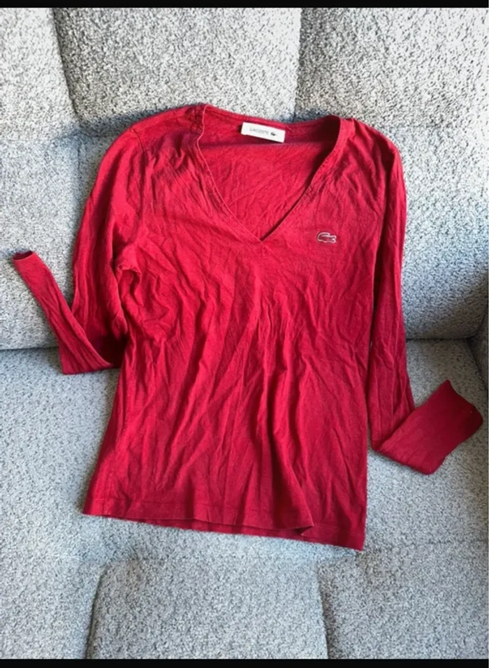 T shirt manches longues pull fin col v bordeaux rouge vin Lacoste - photo numéro 3
