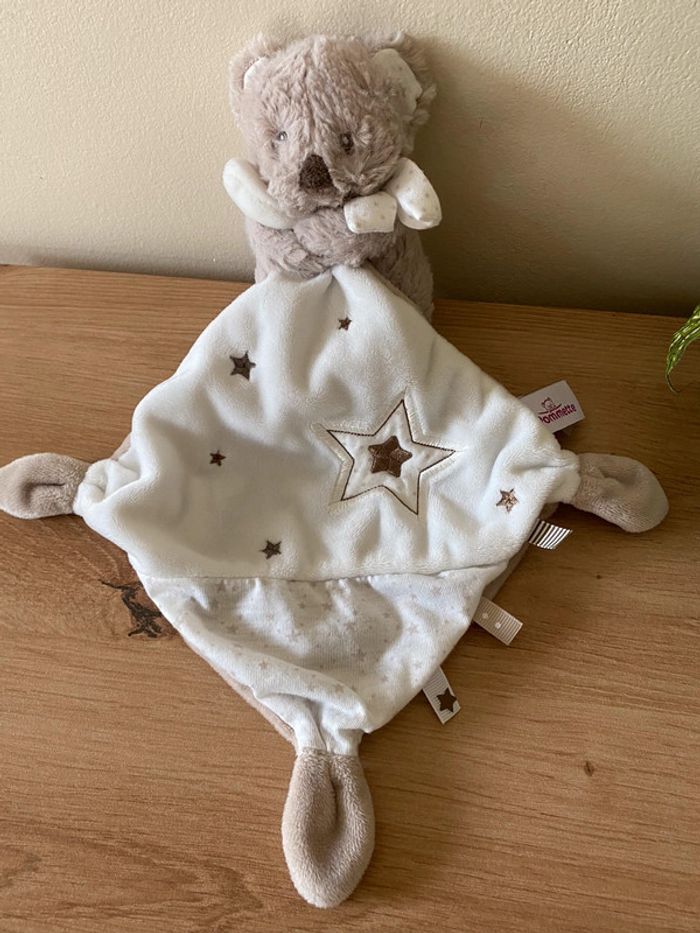Doudou peluche ours beige mouchoir blanc etoile pommette - photo numéro 2