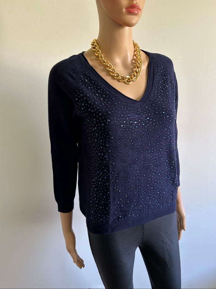 Pull bleu marine avec strass Morgan taille XS TBE - photo numéro 2