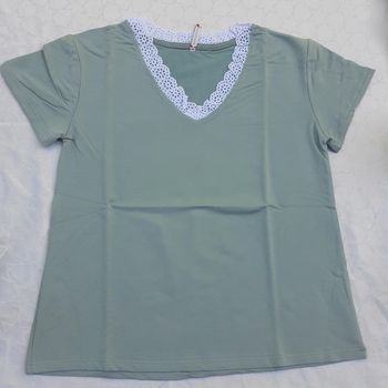 Sweat-shirt col V manches courtes broderie anglaise T42/44