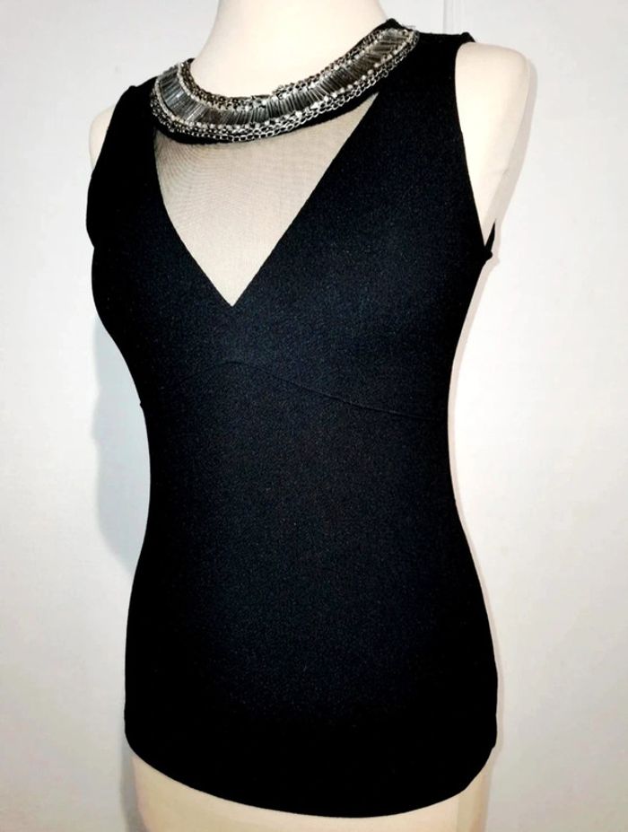 💎haut sexy chic femme top de soirée t S noir col bijoux y2k 90s 2000 vintage