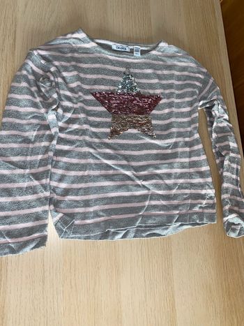 Pull léger fille 8 ans okaidi rayures gris rose étoile sequins