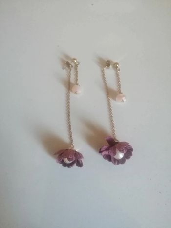 🌸Boucles d'oreilles double chaînes et fleur parme perle blanche "vintage " 🌸