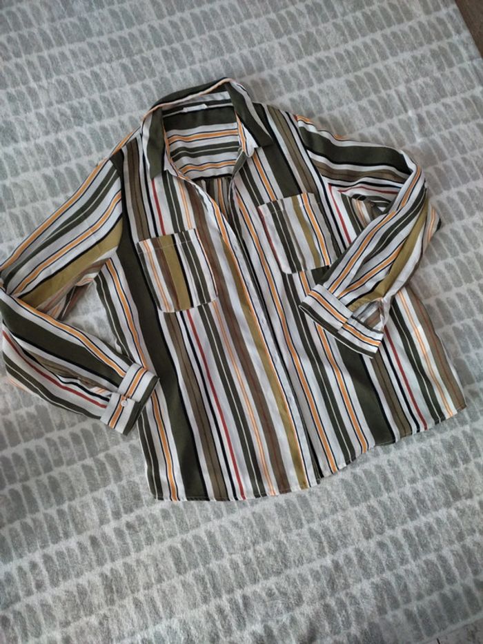 Chemise manches longues rayures blanc vert jaune cache cache taille 42 - photo numéro 2