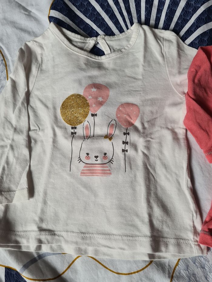 2 haut. 9 mois. Tee-shirt. Manches longues. Rose compagnie des petits. Blanc pat&ripaton - photo numéro 2