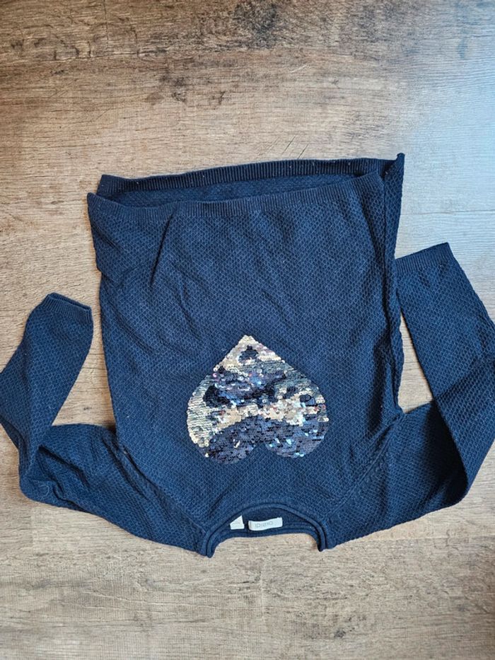 Pull bleu cœur paillettes okaidi