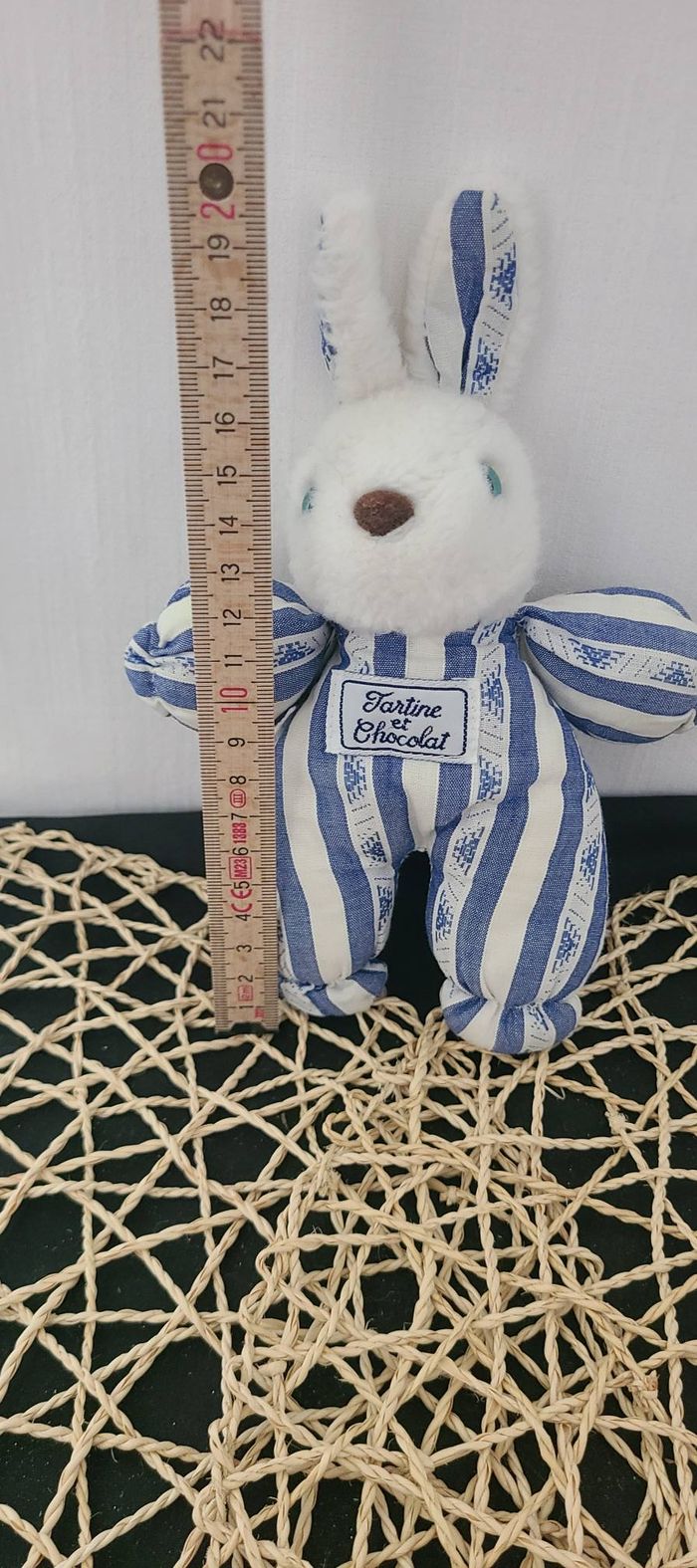Doudou Peluche Vintage Tartine Et Chocolat Lapin Bleu Rayé - photo numéro 3