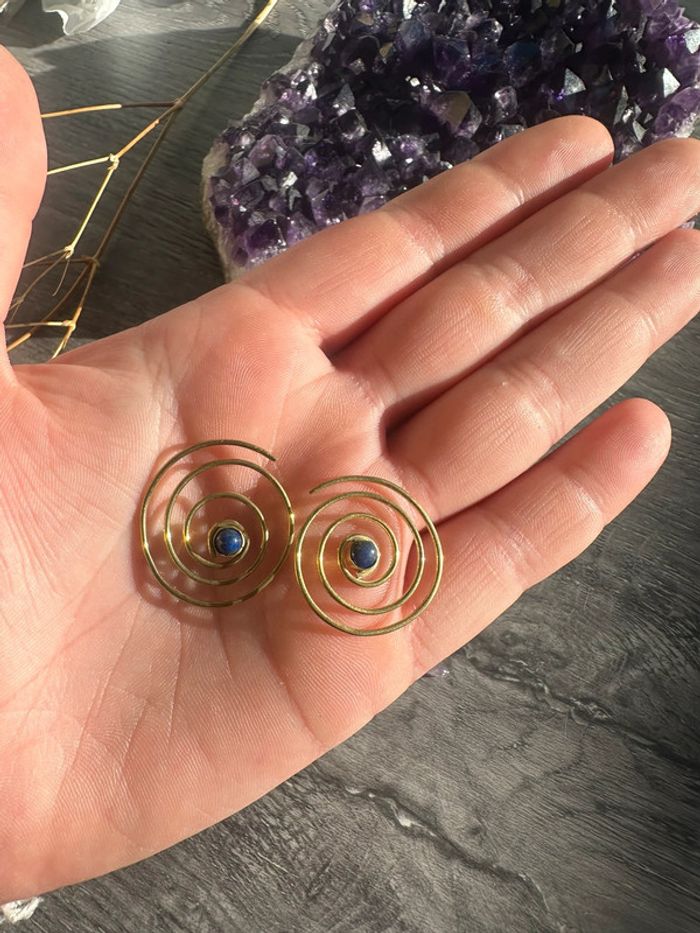 Boucles d'oreilles bronze et Lapis Lazuli véritable - Pierre naturelle - photo numéro 5