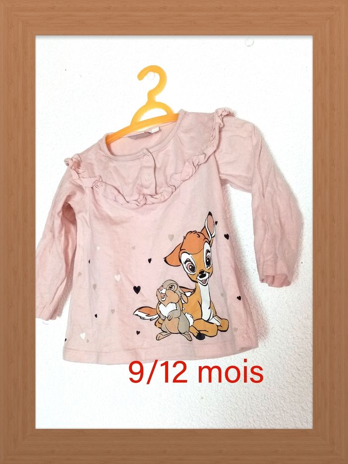 9/12 mois Disney Tee-shirt rose pale imprimé "petite biche et lapin" toutes saisons /Excellent état - photo numéro 4