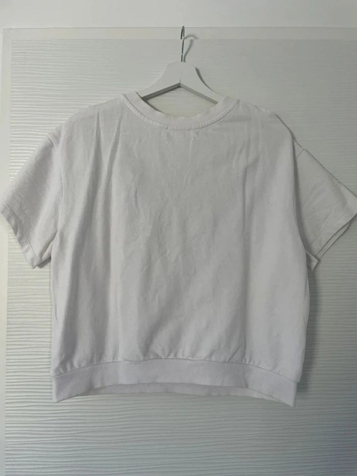 Haut t-shirt sweat blanc uni à lacets manches courtes col en V - photo numéro 6