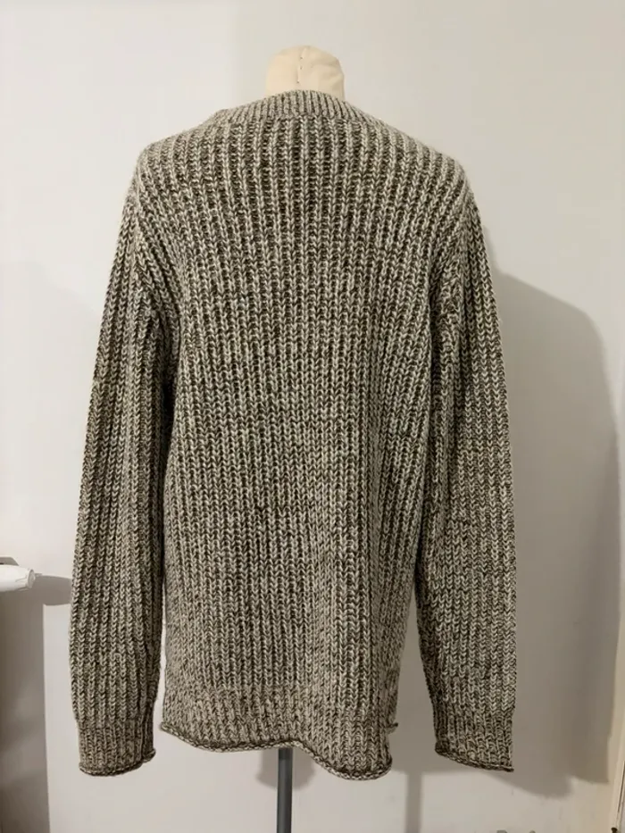 Pull col V maille épaisse beige/marron - taille L - photo numéro 2