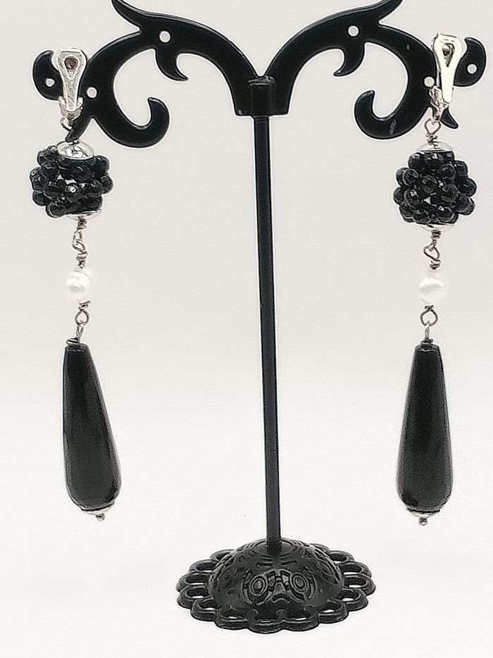 Orecchini donna clip vintage artigianali argento 925 perla fiume neri bianchi - photo numéro 2