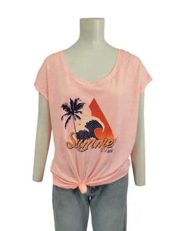 T-shirt rose corail clair - summer, palmier, nouer en bas taille L (A996)