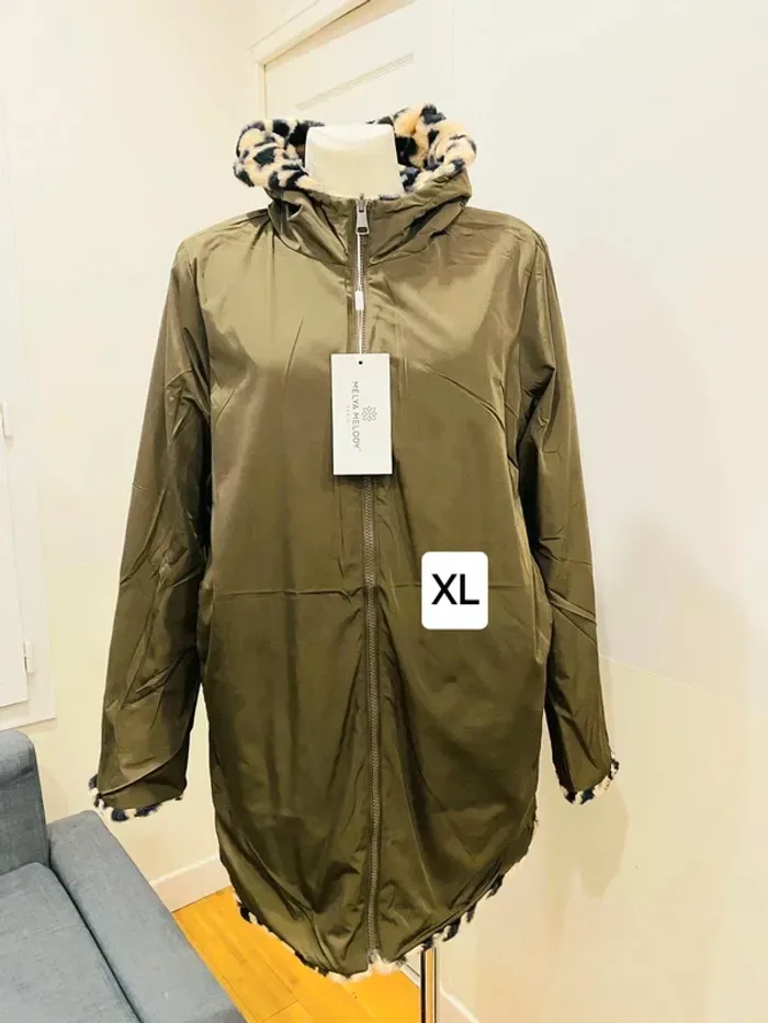 Manteau parka femme imperméable réversible fourré kaki/léopard taille XL