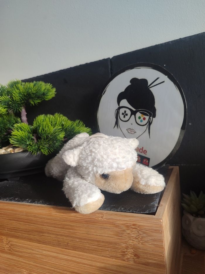 doudou peluche mouton couché blanc beige suspendable laine marron Ancien Dd03590 - photo numéro 2