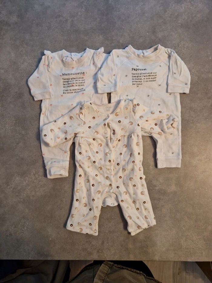 Lot 3 grenouillères bébé fille sans pied blanc motifs T3mois TBE obabi gémo