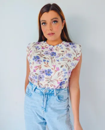 Tee-shirt gilet avec épaulettes lainage doux  fleuri mauve moderne tendance rétro Taille 38